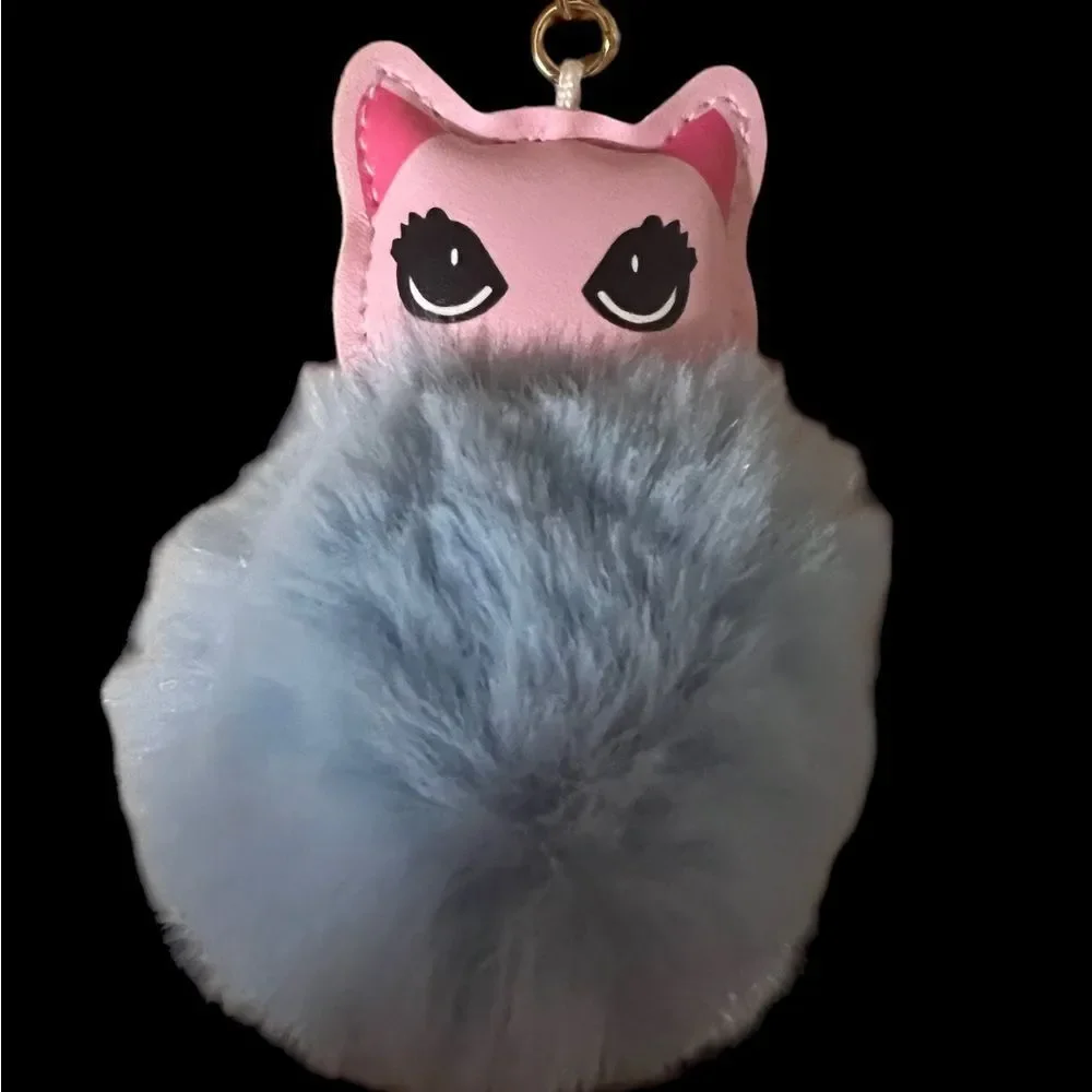 Kitty Cat Faux Leather Pompom Key Ring Purse Charm